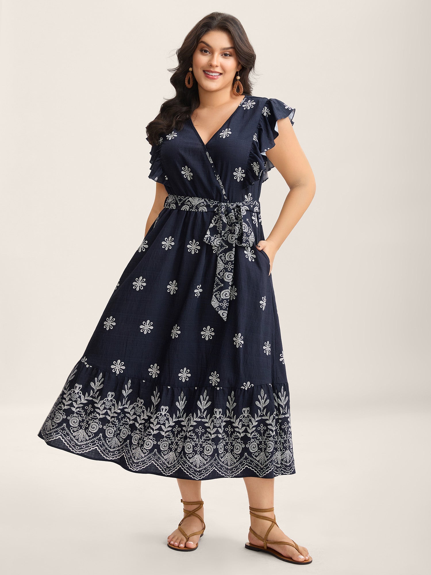 Rayon Stretchy Waist Pockets Flutter Maxi Dress