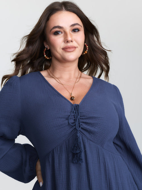 Cotton Ruched Drawstring Neckline Tiered Midi Dress